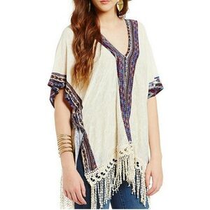 Penelope Project Bohemian relaxed fit Cream and Blue Fringe V-neck poncho Top